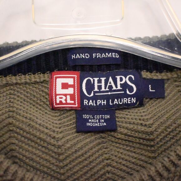 VTG Chaps Ralph Lauren Mens Large Green Herringbone Hand Framed Pullover Sweater - Picture 4 of 7